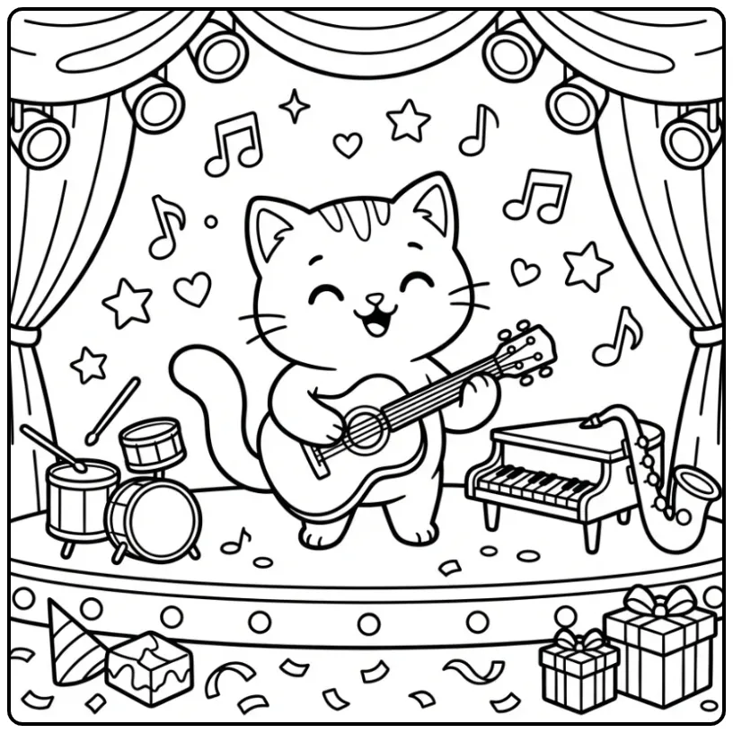 Musical Kitten with Guitar and Stars coloring page