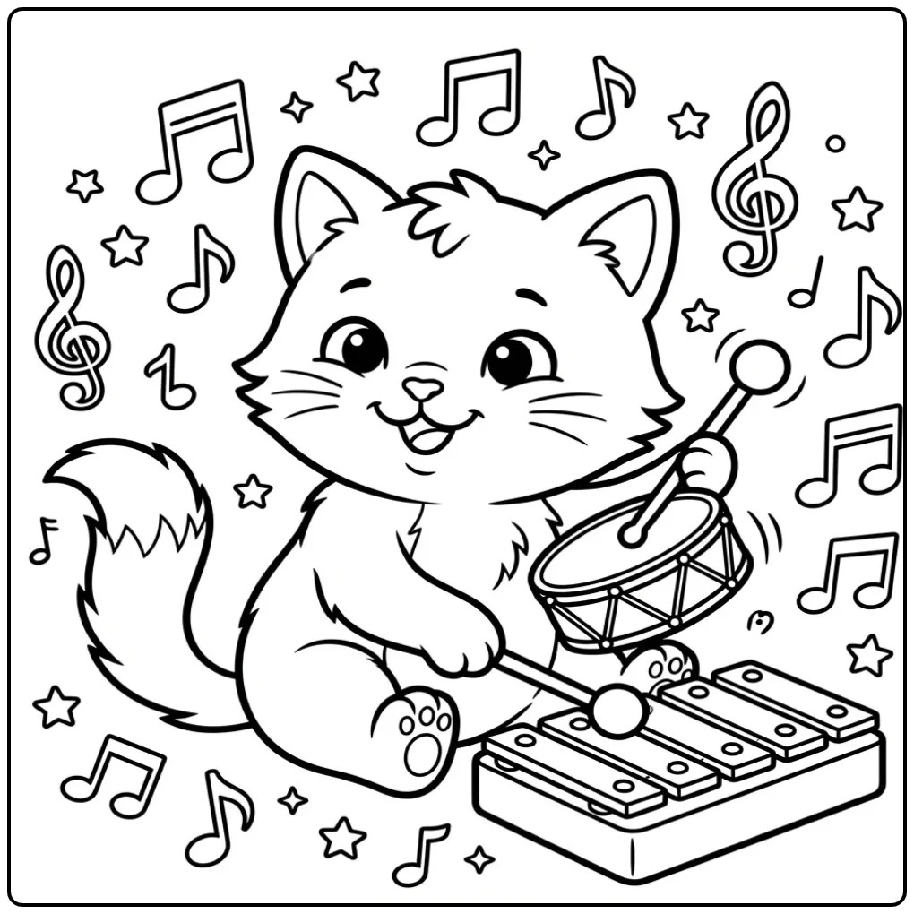 Musical Kitten with Notes and Stars coloring page