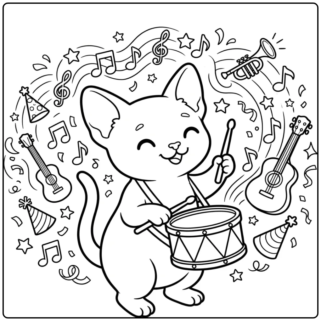 Musical Cute Kitten with Drum coloring page
