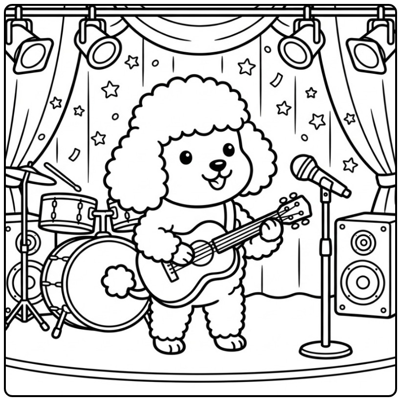 Musical Poodle with Guitar on the Concert coloring page