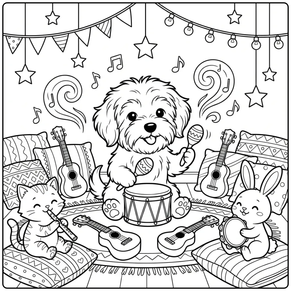 Musical Havanese Puppy Playing Music coloring page