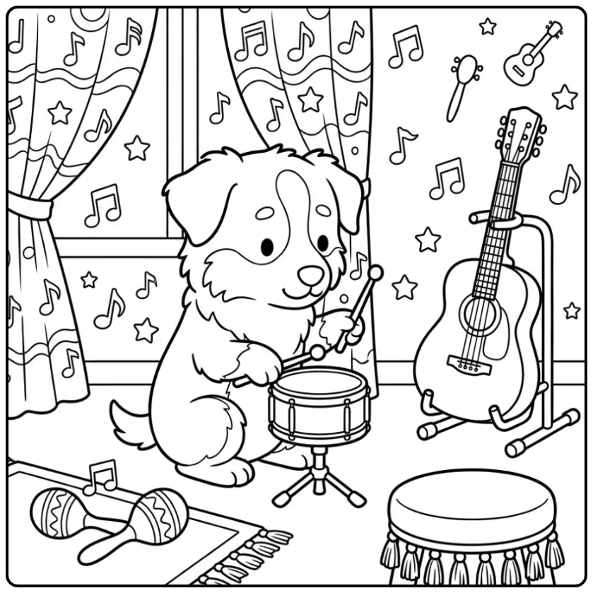 Detailed Musical Puppy with Drum Set and Guitar coloring page