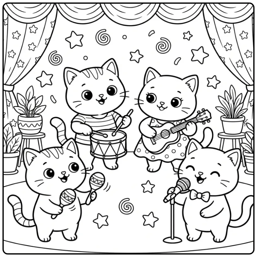 Musical Cute Kittens with Instruments coloring page