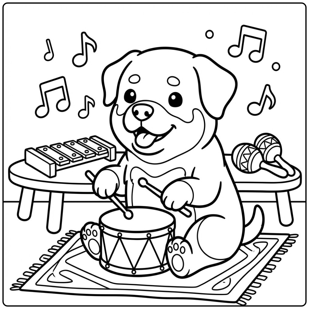 Rottweiler Playing Music in a Cozy Corner coloring page