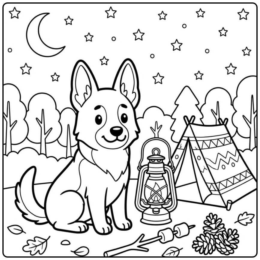 Belgian Malinois Camping Under the Stars coloring page