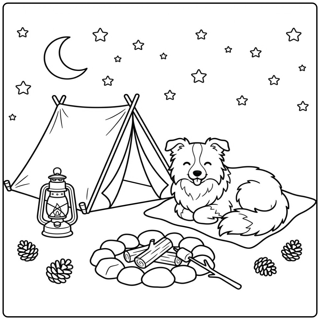 Border Collie Camping Under the Stars coloring page