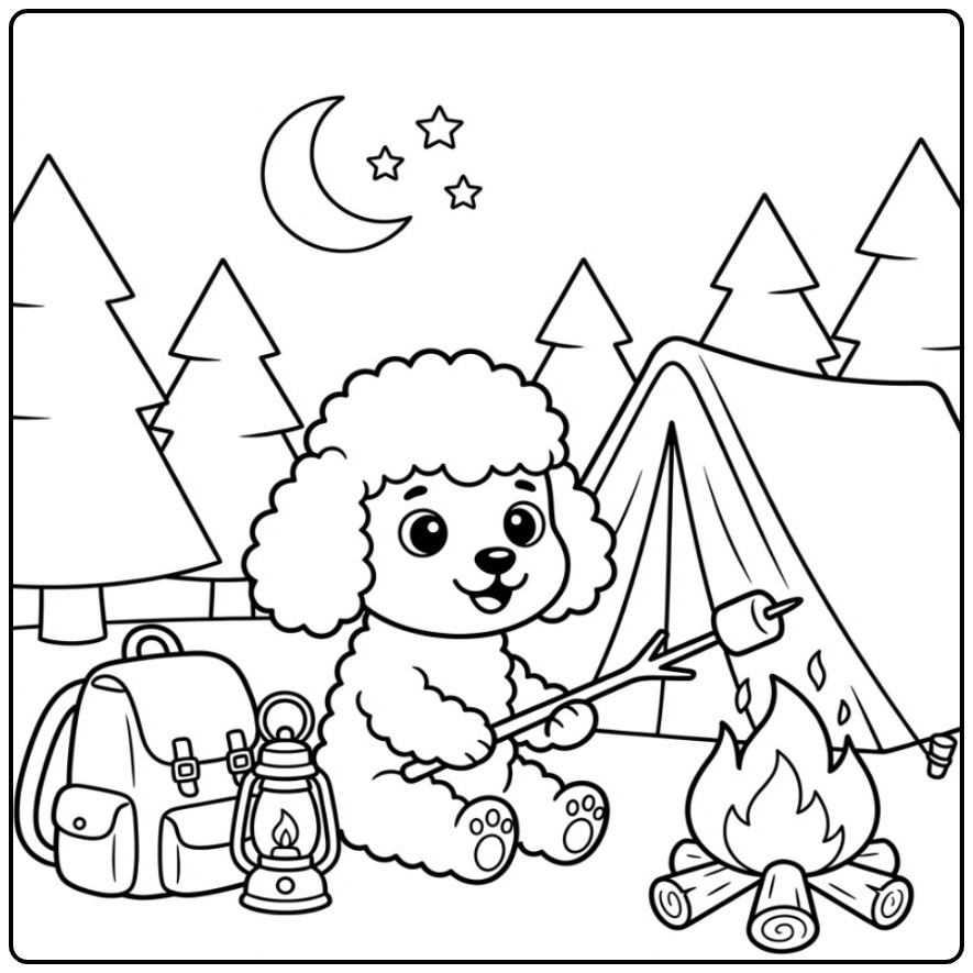 Nighttime Camping Poodle with a Campfire coloring page