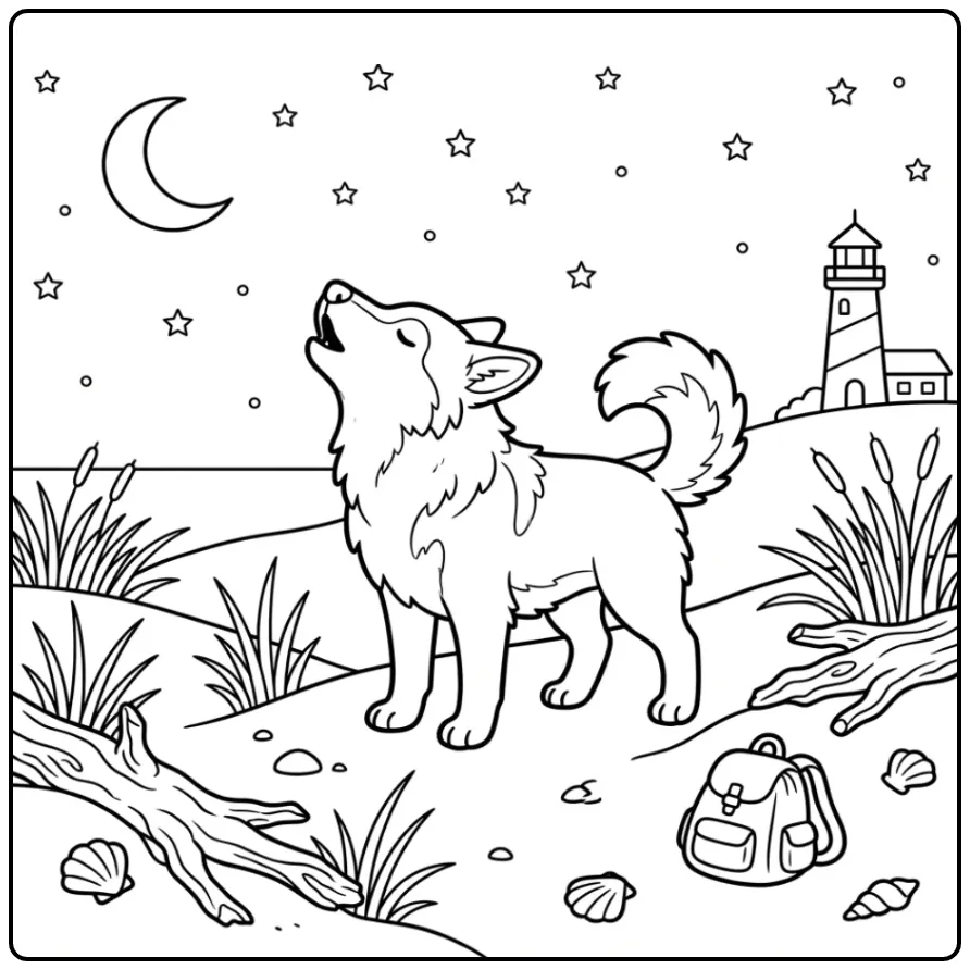 Saarloos Wolfdog Under a Starry Beach Sky coloring page