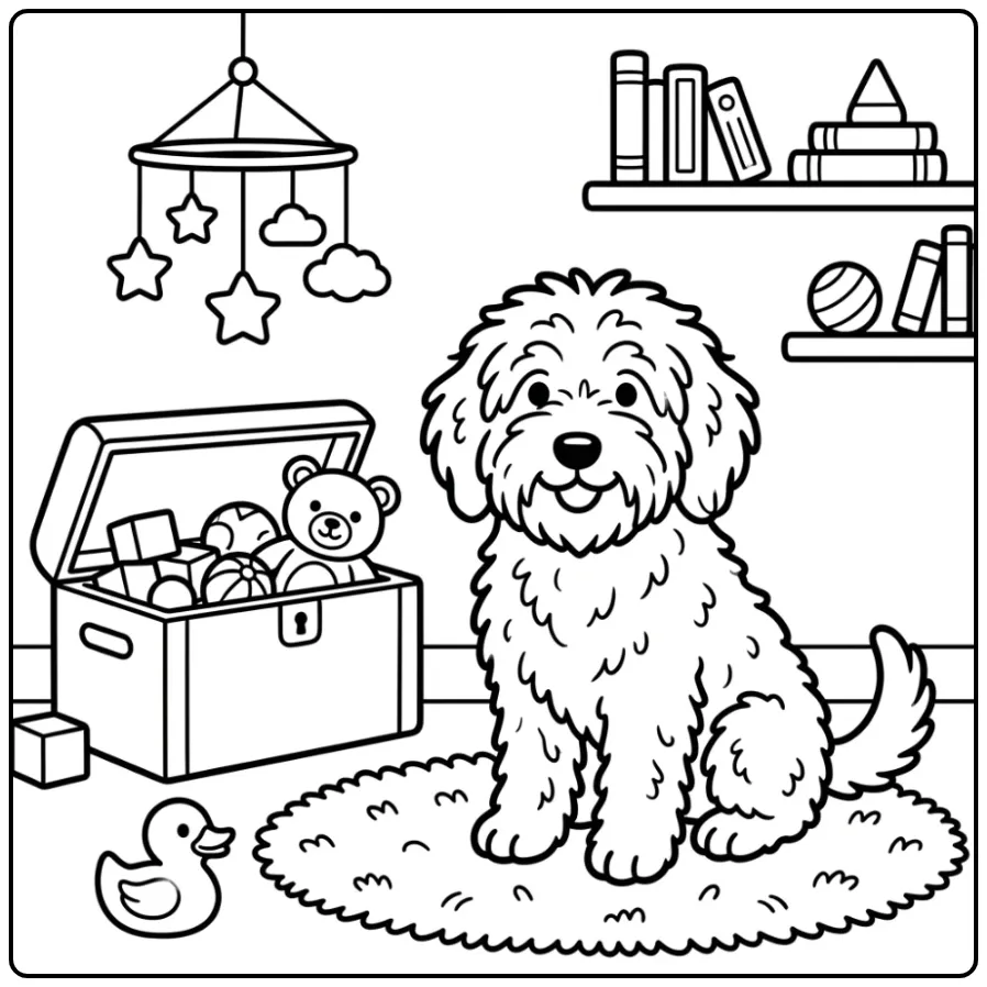 Schapendoes in a Playroom with Toys coloring page