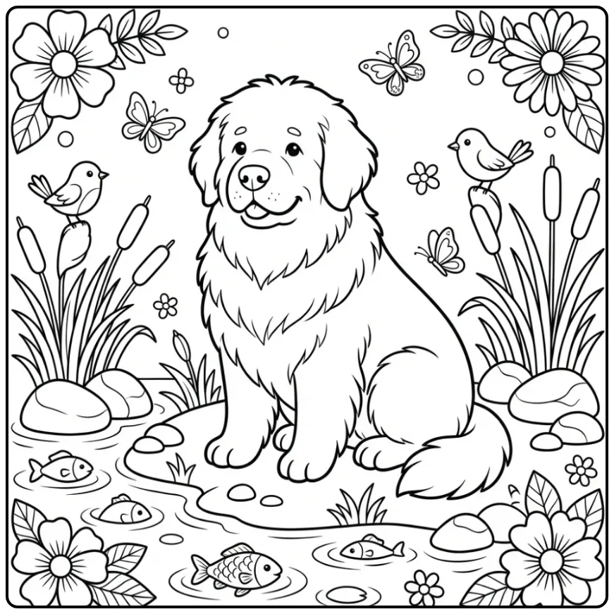 Newfoundland Dog at the Lake coloring page