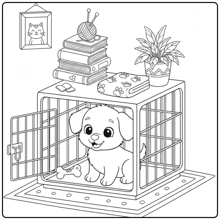 Curious Puppy Looking Out of a Dog Crate coloring page