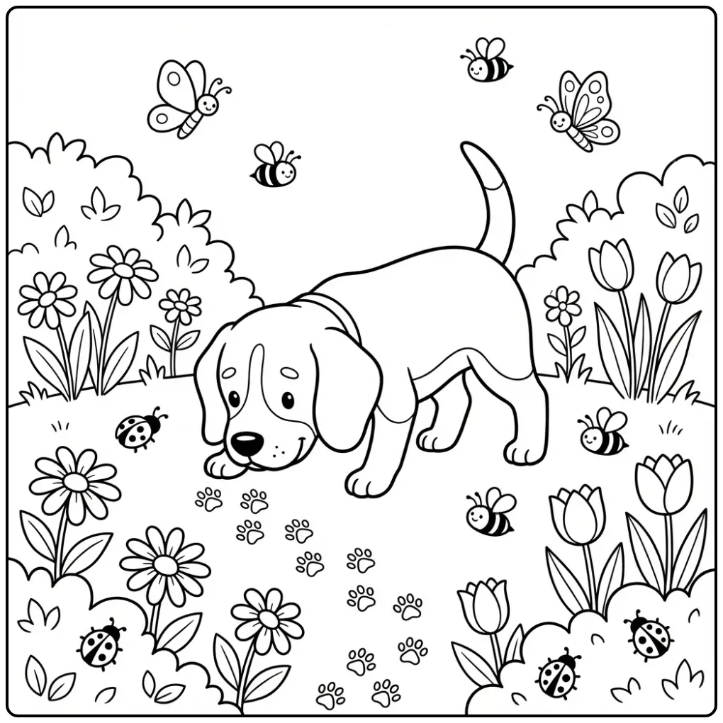 Curious Beagle in the Meadow coloring page