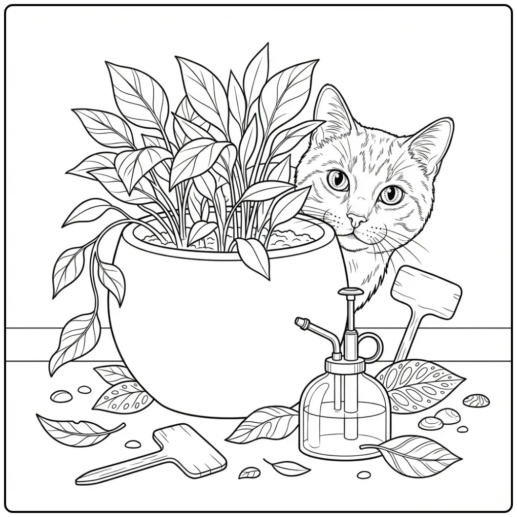 Cat coloring page peeking from behind a plant pot