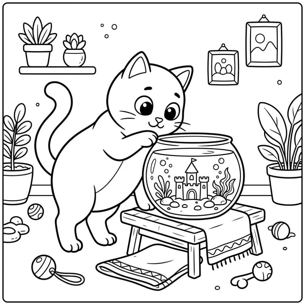 Cat coloring page looking into a fishbowl