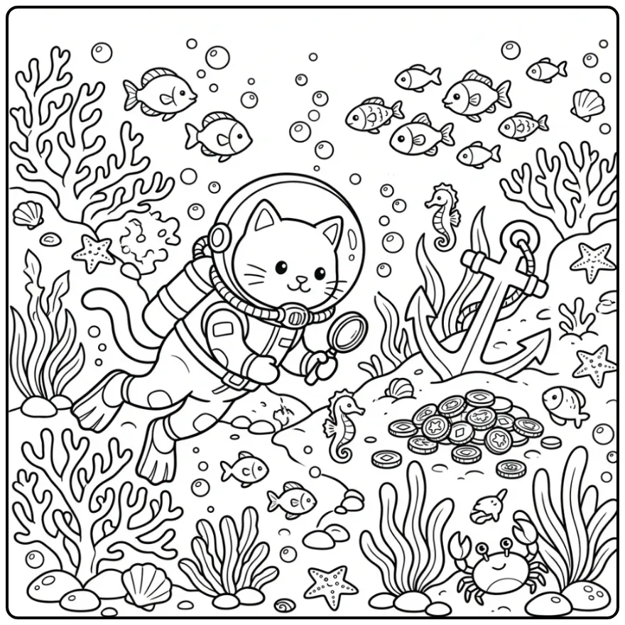 Difficult Cat coloring page diving by a reef
