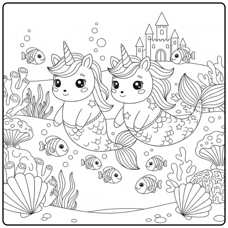Underwater Adventure Easy Unicorn Mermaid coloring page