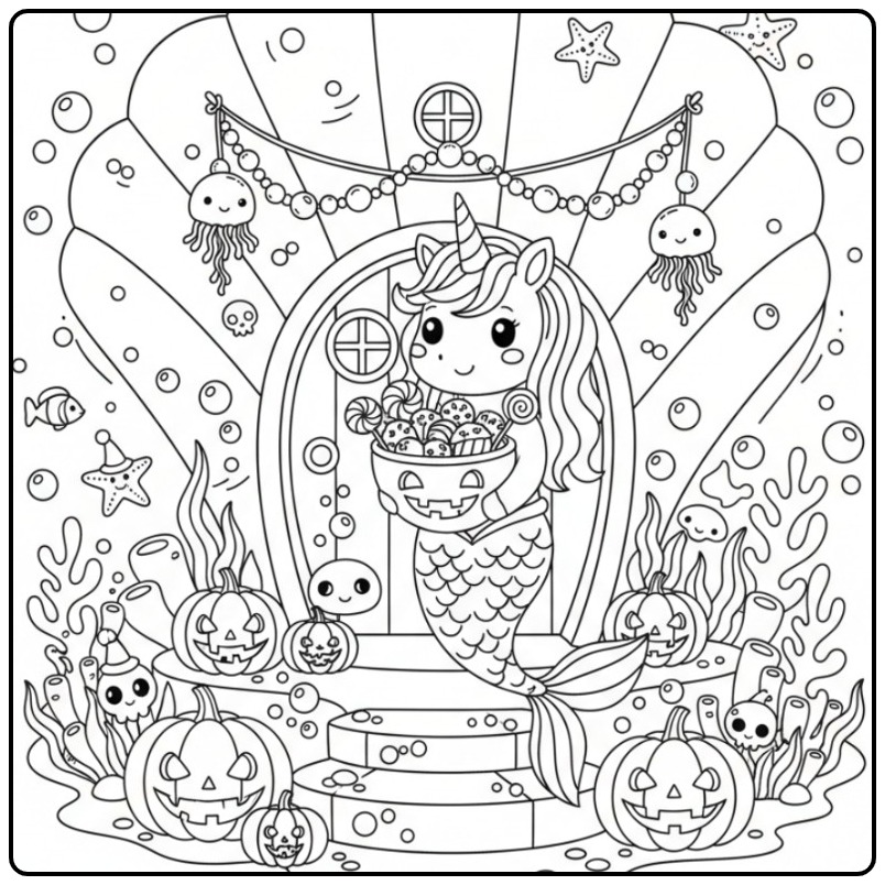 Underwater Unicorn Mermaid Halloween Party coloring page