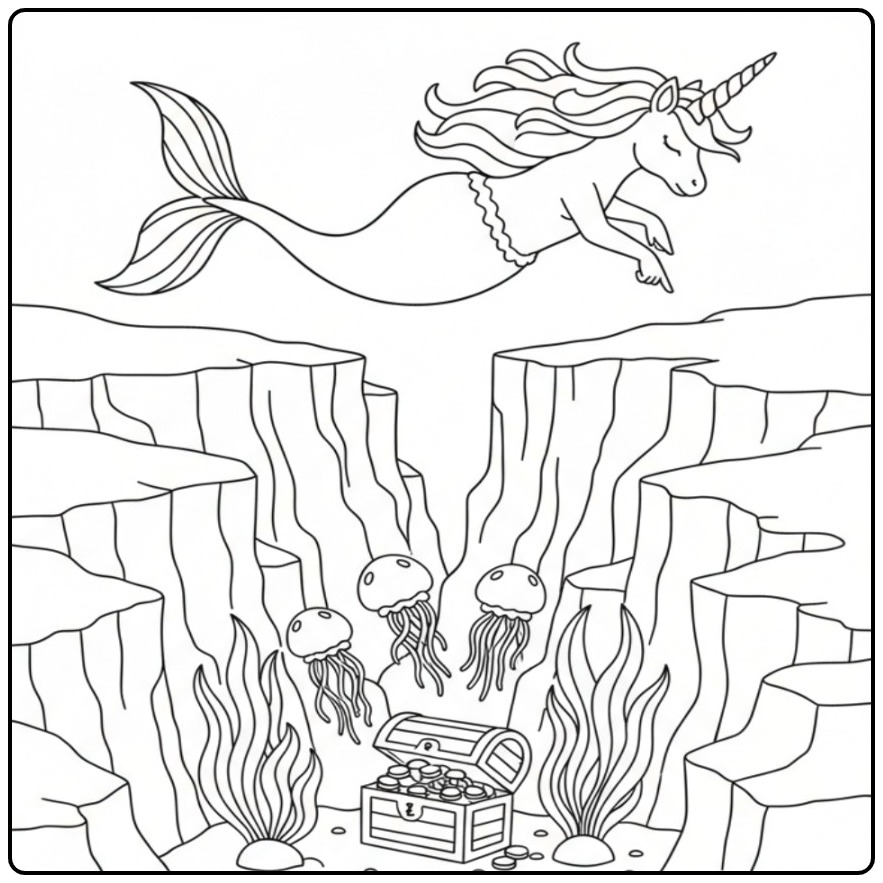 Underwater Adventure Unicorn Mermaid coloring page