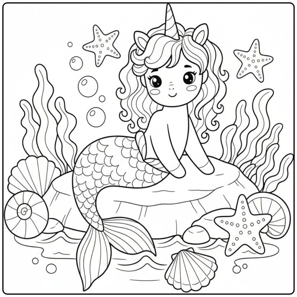Underwater Adventure Easy Unicorn Mermaid coloring page