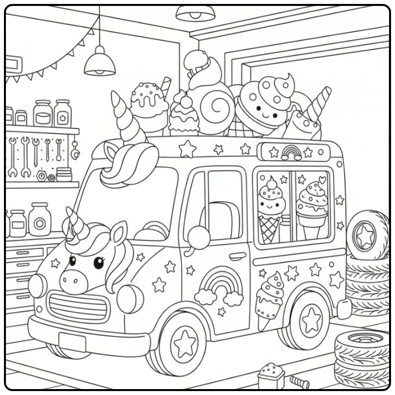 Exploring the Enchanting Unicorn Ice Cream Truck in a Workshop coloring page