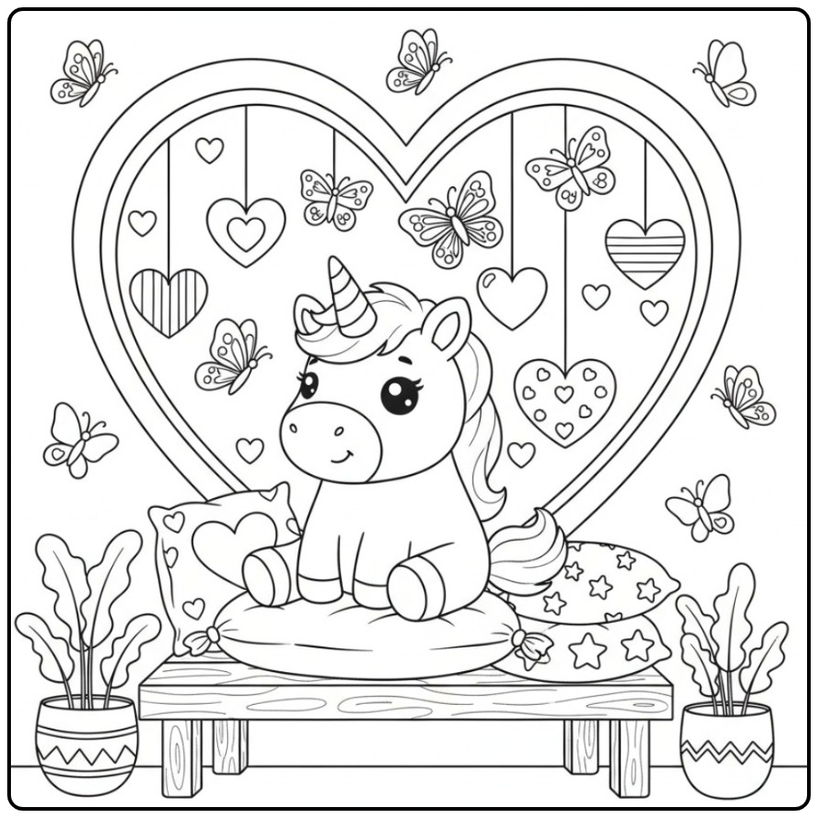 Exploring the Magic of This Unicorn and Butterflies Hearts coloring page