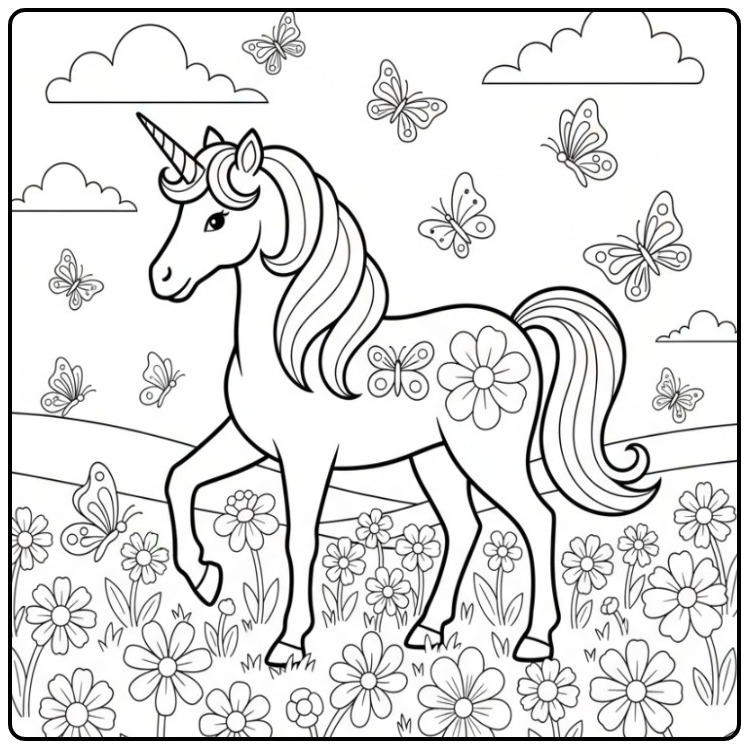 Exploring the Magical Butterflies Unicorn in a Flower Field coloring page