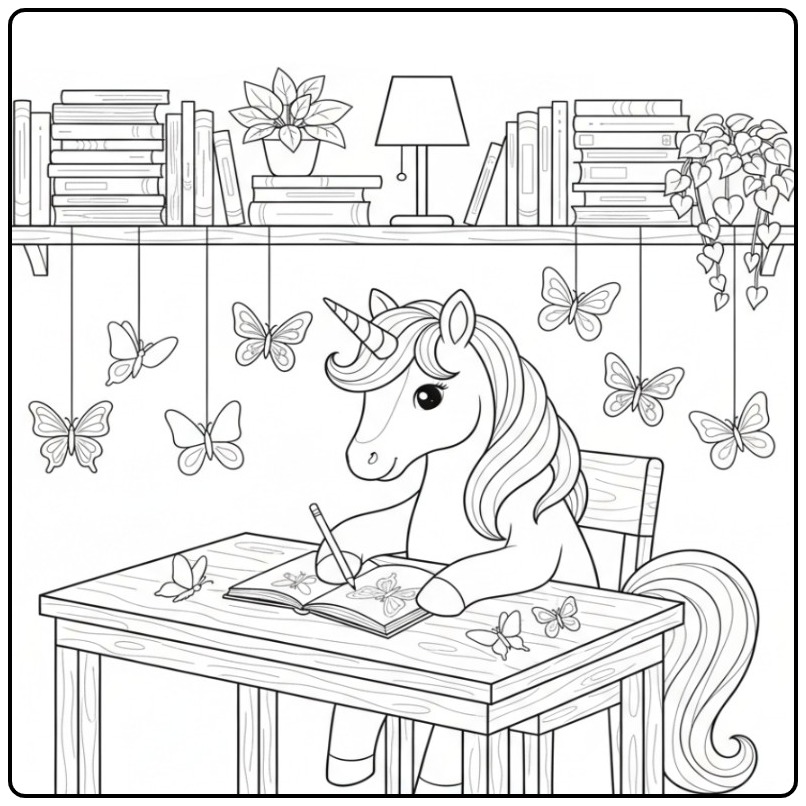 Exploring Butterflies Unicorn Drawing with the Desk coloring page