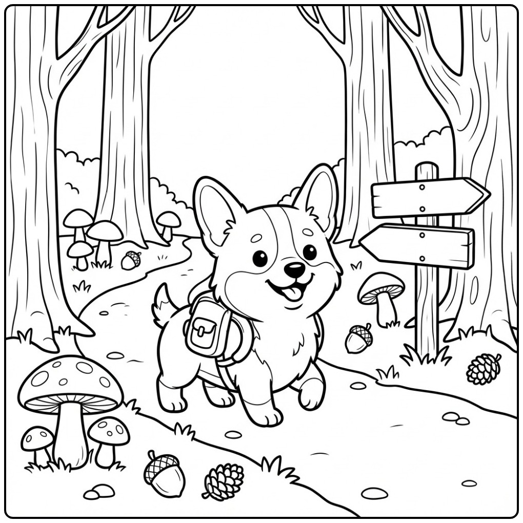 Corgi Hiking in the Forest coloring page