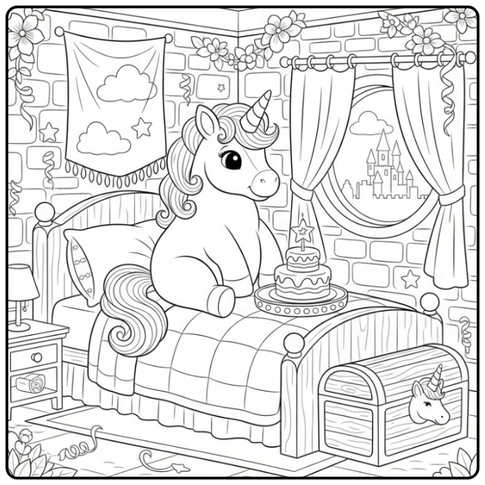 Exploring Unicorn Birthday Cake in a Castle Fun coloring page