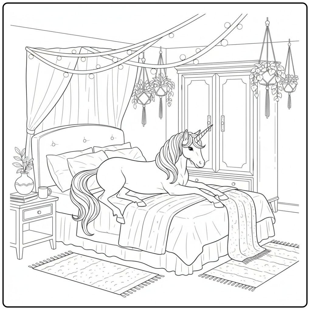 Relaxing in the Bedroom Unicorn Easy coloring page