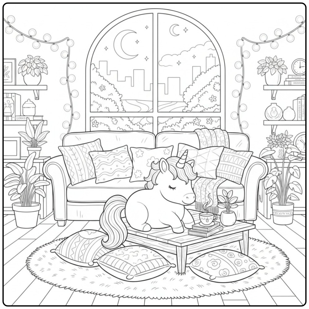 Relaxing Baby Unicorn View on the City coloring page