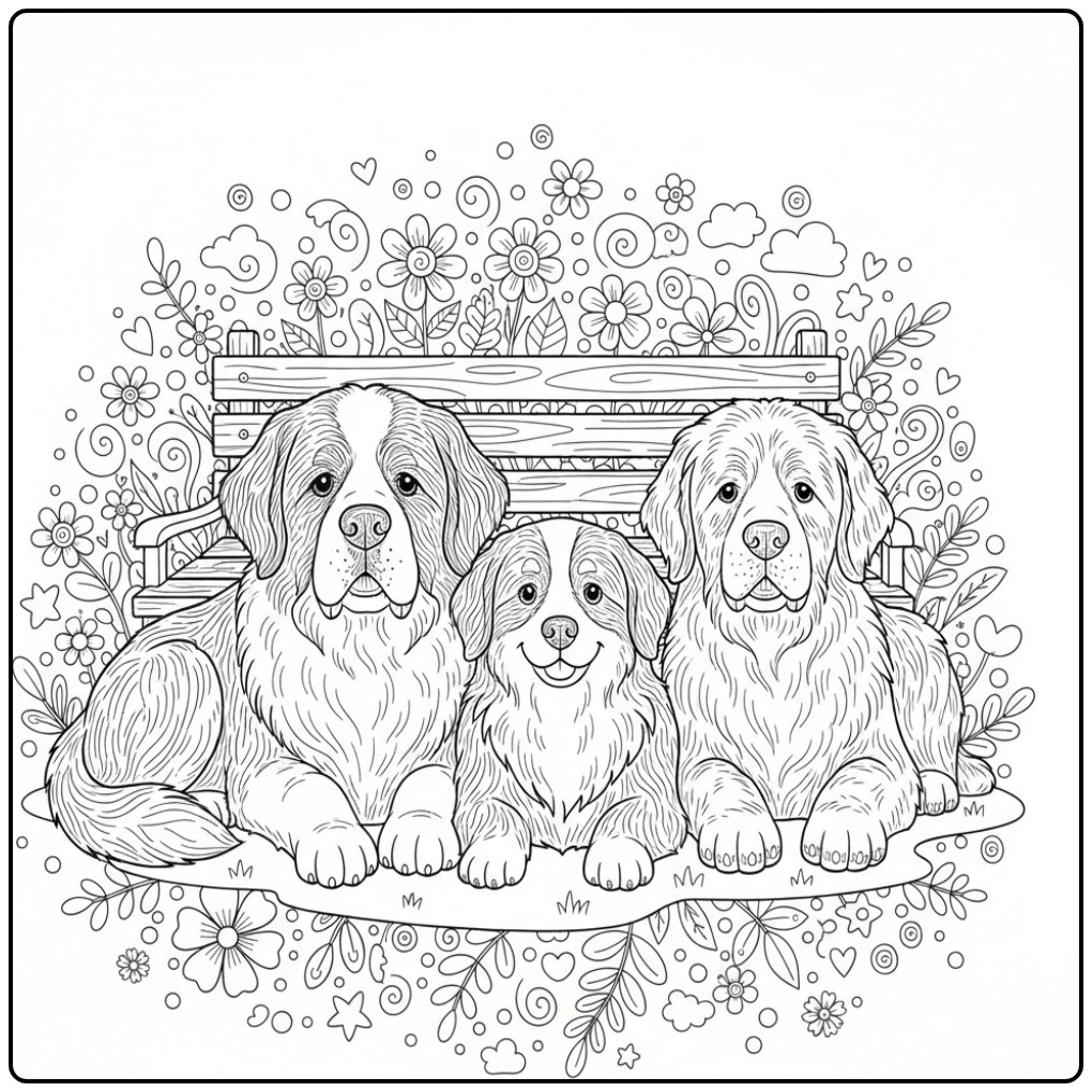 Saint Bernard, Bernese Mountain Dog, and Newfoundland on a Garden Bench coloring page