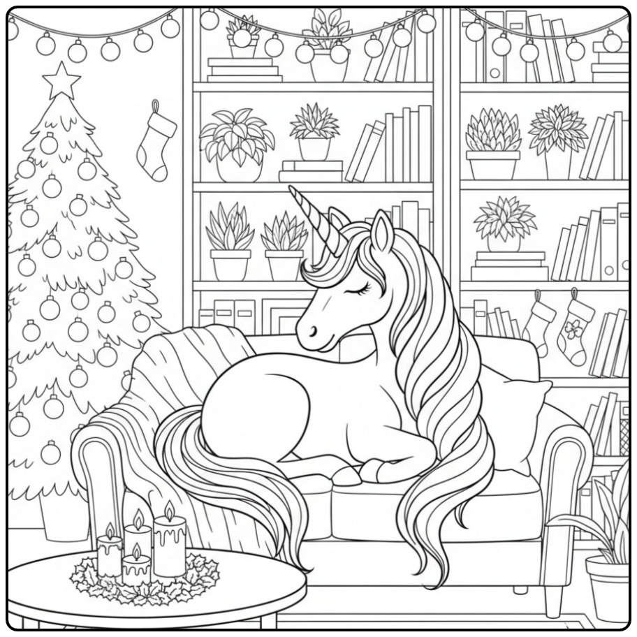 Relaxing Christmas Unicorn in Kerstsfeer coloring page