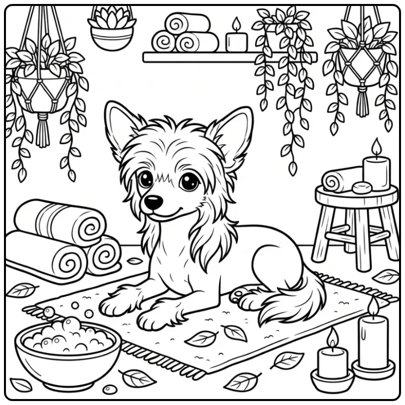 Relaxing Chinese Crested Puppy at a Spa coloring page
