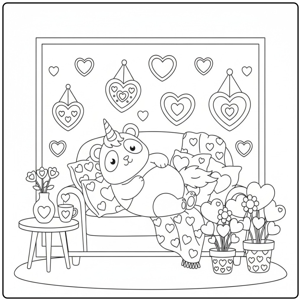 Relaxing Unicornpanda Hearts on the Luie Couch coloring page