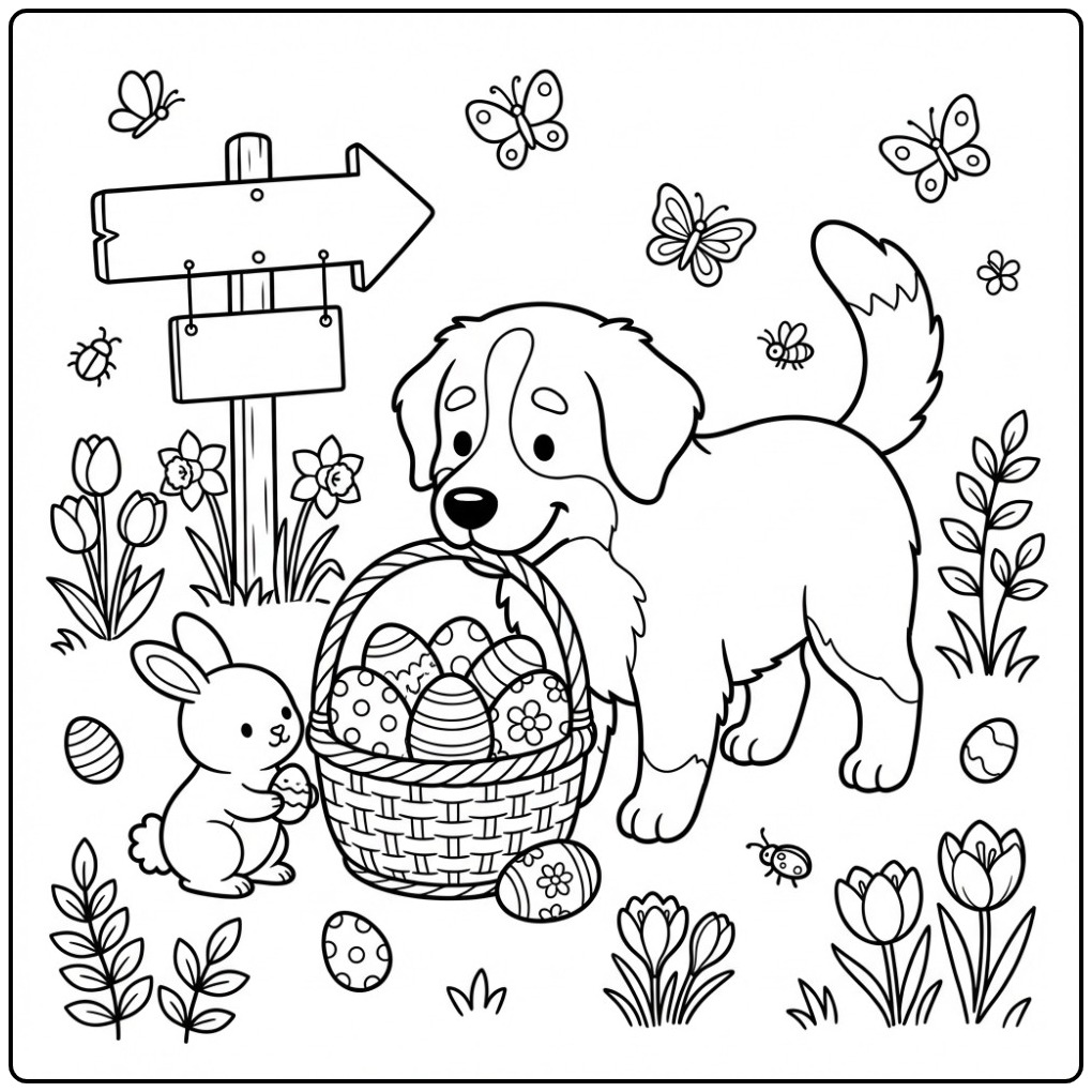 Easter Bernese Mountain Dog and a Cute Little Rabbit coloring page