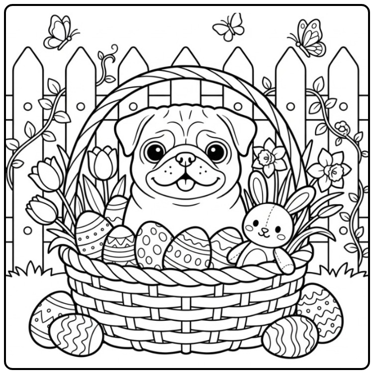 Easter Pug with Eggs and Flowers in a Basket coloring page