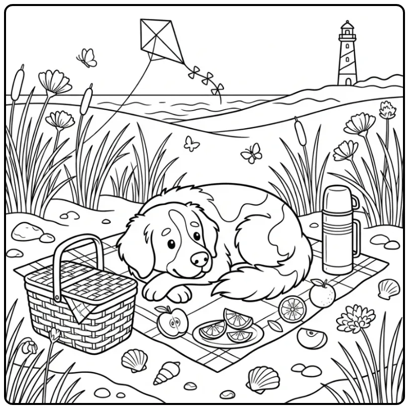 Drentsche Patrijshond Picnic by a Lighthouse coloring page