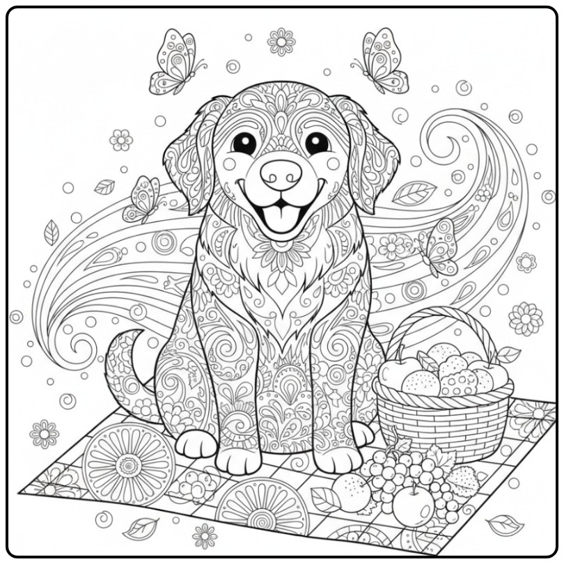 Golden Retriever Mandala Dog at a Park Picnic coloring page