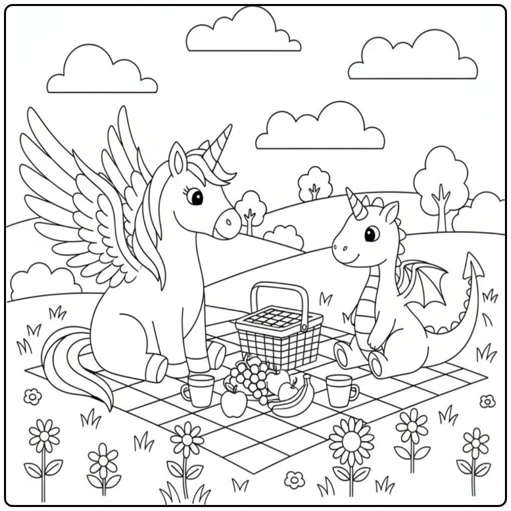 Picnic Unicorn with Wings in a Meadow coloring page