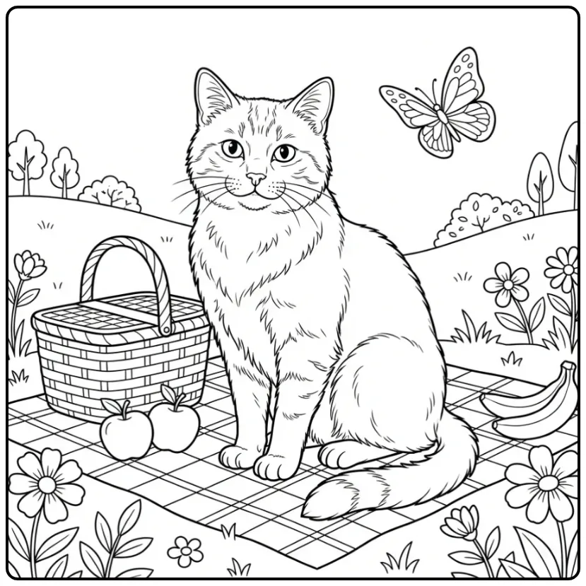 Cute Cat coloring page on an outdoor picnic blanket