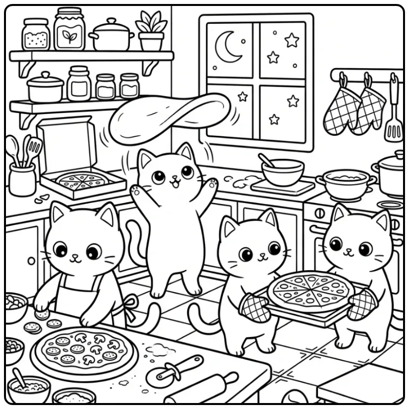 Pizza Baking Cats in a Cozy Kitchen coloring page