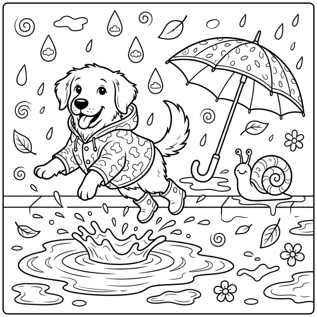 Fun in the Rain Golden Retriever Puppy coloring page