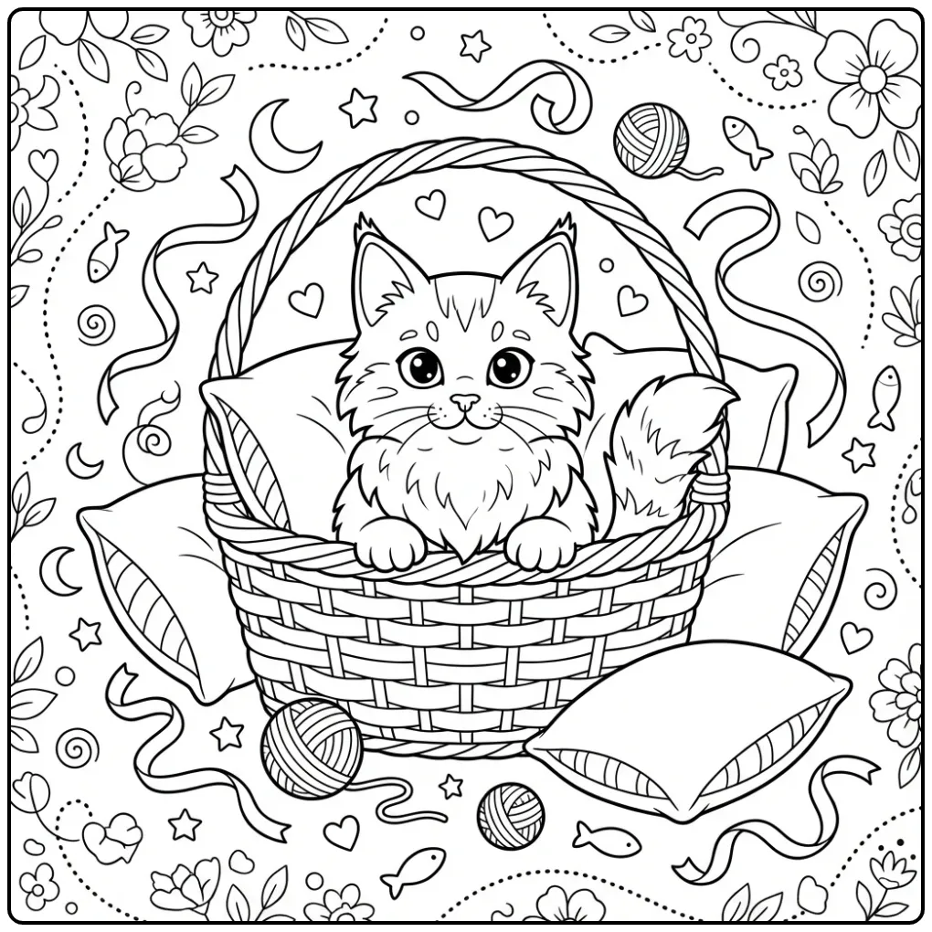 Fluffy Cute Kitten with Cushions and Ribbon coloring page