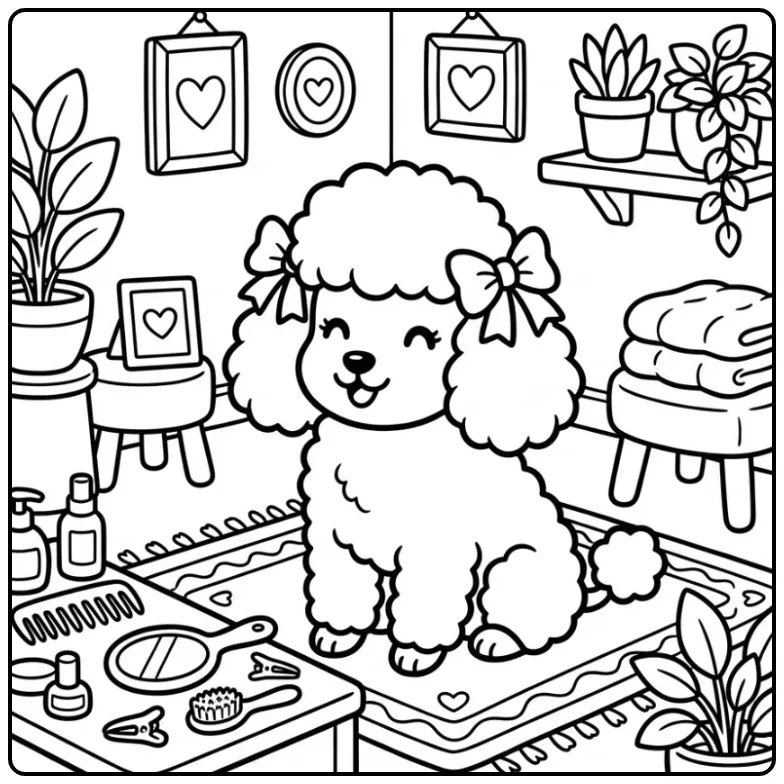 Poodle at the Groomer coloring page