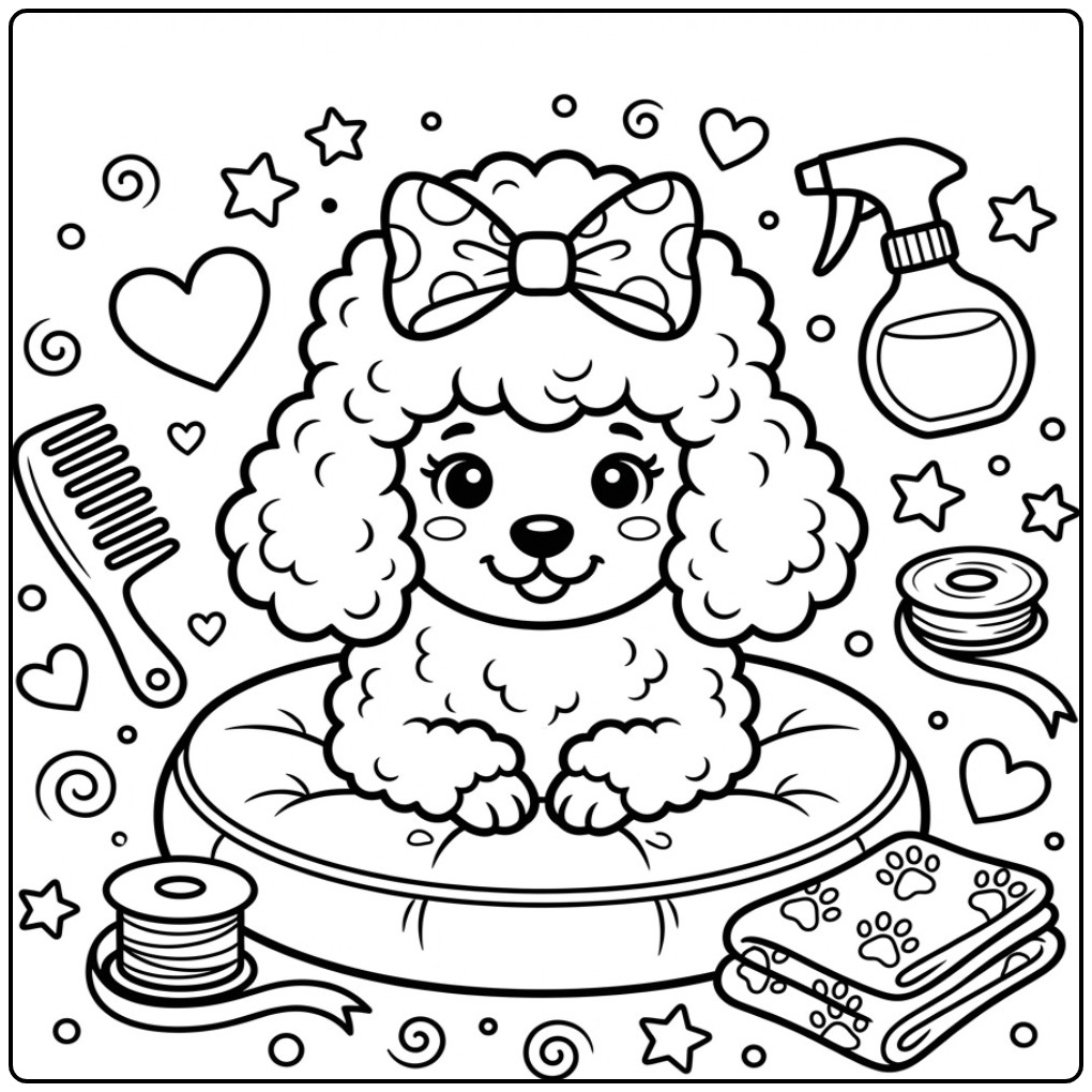 Poodle Dog Head with a Bow in a Grooming Salon coloring page
