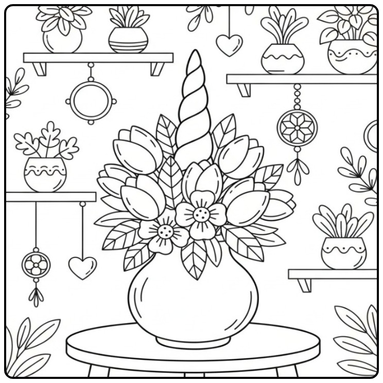 Beautiful Bouquet Unicorn Horn and Flowers in a Vase coloring page