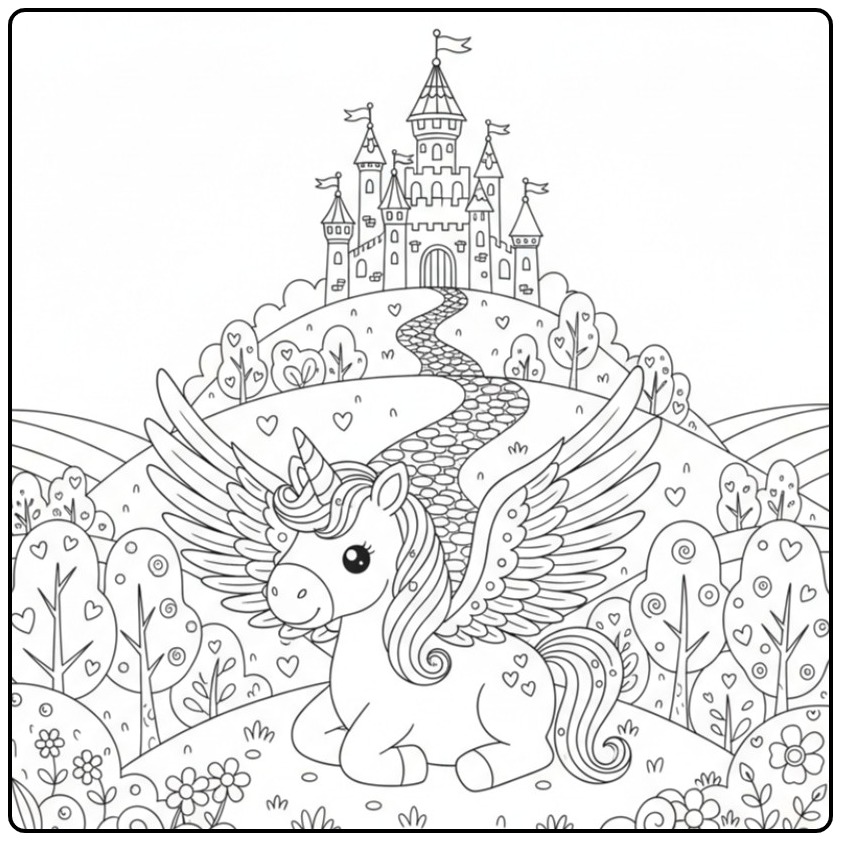 Beautiful Unicorn with Wings and Castle coloring page