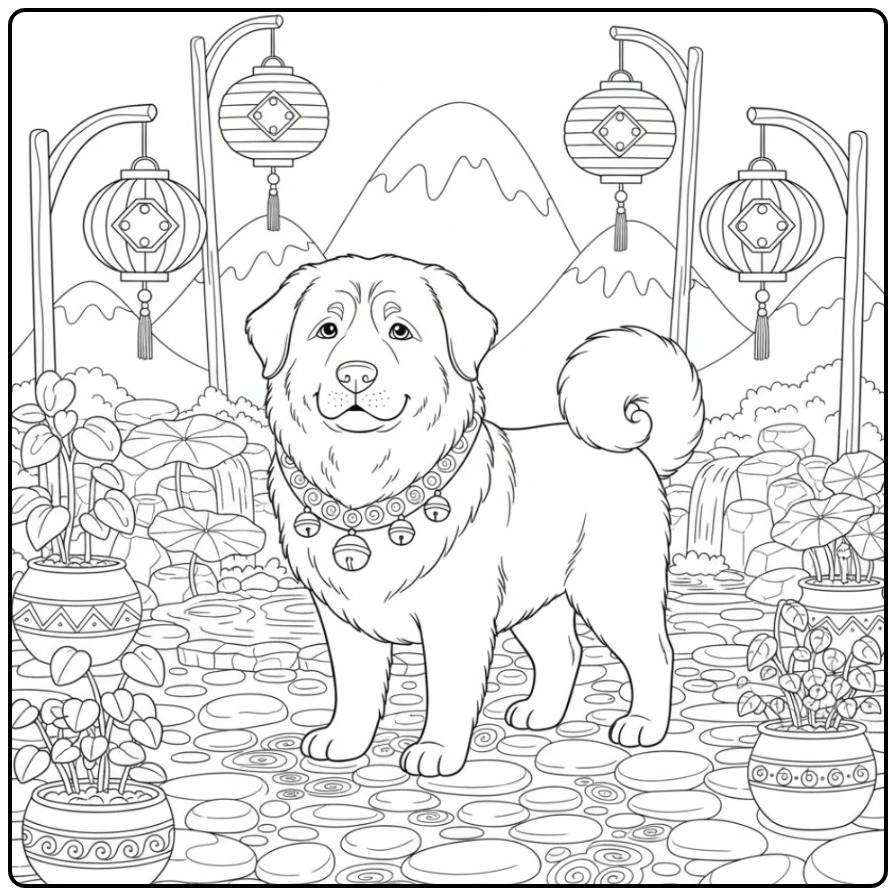 Tibetan Mastiff in a Serene Garden coloring page