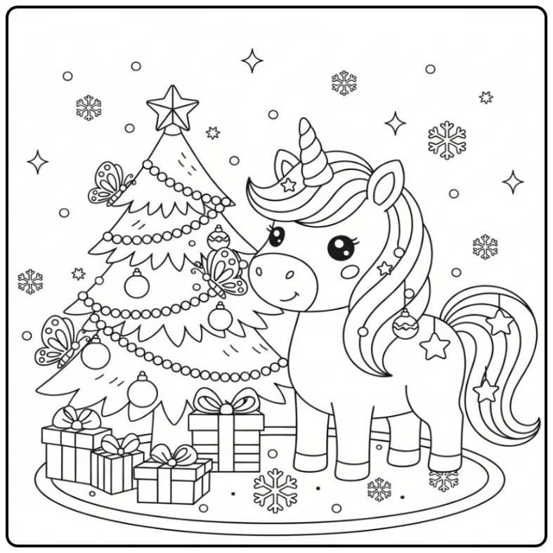 Beautiful Unicorn and Butterflies Christmas coloring page